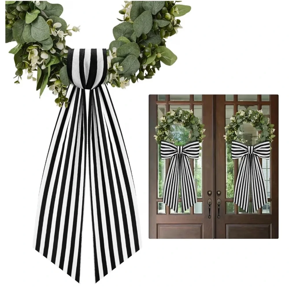 Boxwood Wreath Sash Garland Black White Striped
